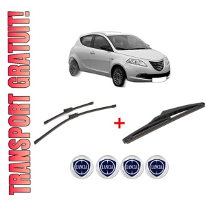 Set 3 stergatoare LANCIA YPSILON (312_) din 2011 - 2021, pentru parbriz si luneta fata si spate auto, Bosch Twin, din cauciuc siliconat rezistent, 4 Stickere Auto LANCIA
