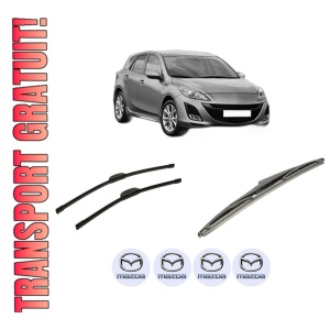 Set 3 stergatoare MAZDA 3 (BL) din 2008-2014, pentru parbriz si luneta fata si spate auto, Bosch Twin-Aerotwin Retrofit, din cauciuc siliconat rezistent, 4 Stickere Auto MAZDA