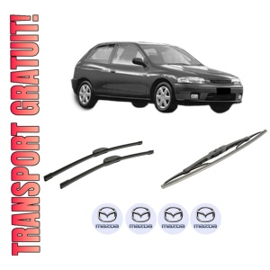 Set 3 stergatoare MAZDA 323 P V (BA) din 1996-1998, pentru parbriz si luneta fata si spate auto, Bosch Twin-Aerotwin Retrofit, din cauciuc siliconat rezistent, 4 Stickere Auto MAZDA