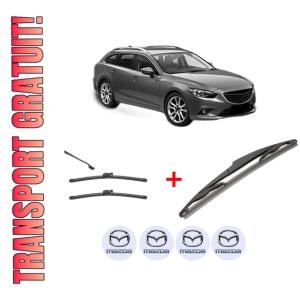 Set 3 stergatoare MAZDA 6 Estate (GJ, GL) din 2012 - 2020, pentru parbriz si luneta fata si spate auto, Valeo Silencio, din cauciuc siliconat rezistent, 4 Stickere Auto MAZDA