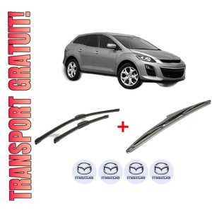 Set 3 stergatoare MAZDA CX-7 (ER) din 2006 - 2014, pentru parbriz si luneta fata si spate auto, Bosch Twin, din cauciuc siliconat rezistent, 4 Stickere Auto MAZDA