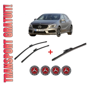 Set 3 stergatoare MERCEDES-BENZ A-CLASS (W176) din 2012 - 2018, pentru parbriz si luneta fata si spate auto, Bosch Aerotwin, din cauciuc siliconat rezistent, 4 Stickere Auto MERCEDES-BENZ