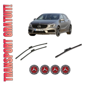 Set 3 stergatoare MERCEDES-BENZ A-CLASS (W176) din 2012-2018, pentru parbriz si luneta fata si spate auto, Bosch Aerotwin-Aerotwin Multi, din cauciuc siliconat rezistent, 4 Stickere Auto MERCEDES-BENZ