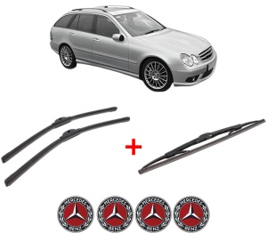 Set 3 stergatoare MERCEDES-BENZ C-CLASS T-Model (S203) din 2001 - 2007, pentru parbriz si luneta fata si spate auto, Bosch Twin, din cauciuc siliconat rezistent, 4 Stickere Auto MERCEDES-BENZ v4151