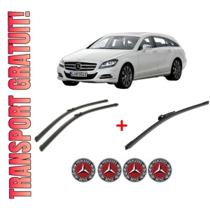 Set 3 stergatoare MERCEDES-BENZ CLS Shooting Brake (X218) din 2012 - 2017, pentru parbriz si luneta fata si spate auto, Bosch Aerotwin, din cauciuc siliconat rezistent, 4 Stickere Auto MERCEDES-BENZ