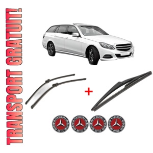 Set 3 stergatoare MERCEDES-BENZ E-CLASS T-Model (S212) din 2009 - 2016, pentru parbriz si luneta fata si spate auto, Valeo Silencio, din cauciuc siliconat rezistent, 4 Stickere Auto MERCEDES-BENZ