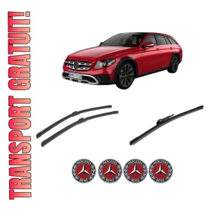 Set 3 stergatoare MERCEDES-BENZ E-CLASS T-Model (S213) din 2016-2023, pentru parbriz si luneta fata si spate auto, Bosch Aerotwin-Aerotwin, din cauciuc siliconat rezistent, 4 Stickere Auto MERCEDES-BENZ
