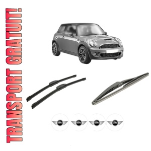 Set 3 stergatoare MINI MINI (R56) din 2006-2013, pentru parbriz si luneta fata si spate auto, Bosch Twin-Aerotwin Retrofit, din cauciuc siliconat rezistent, 4 Stickere Auto MINI