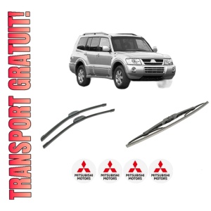 Set 3 stergatoare MITSUBISHI PAJERO III (V7_W, V6_W) din 2000-2007, pentru parbriz si luneta fata si spate auto, Bosch Twin-Aerotwin Retrofit, din cauciuc siliconat rezistent, 4 Stickere Auto MITSUBISHI