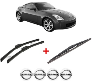 Set 3 stergatoare NISSAN 350Z Coupe (Z33) din 2002 - 2008, pentru parbriz si luneta fata si spate auto, Bosch Twin, din cauciuc siliconat rezistent, 4 Stickere Auto NISSAN v10991