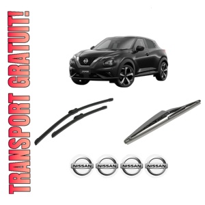 Set 3 stergatoare NISSAN JUKE (F16_) din 2019, pentru parbriz si luneta fata si spate auto, Bosch Twin-Aerotwin, din cauciuc siliconat rezistent, 4 Stickere Auto NISSAN