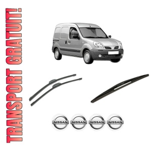 Set 3 stergatoare NISSAN KUBISTAR Van (X76) din 2003-2009, pentru parbriz si luneta fata si spate auto, Bosch Twin-Aerotwin Retrofit, din cauciuc siliconat rezistent, 4 Stickere Auto NISSAN