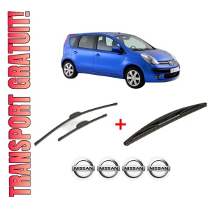 Set 3 stergatoare NISSAN NOTE (E11, NE11) din 2006 - 2013, pentru parbriz si luneta fata si spate auto, Bosch Twin, din cauciuc siliconat rezistent, 4 Stickere Auto NISSAN