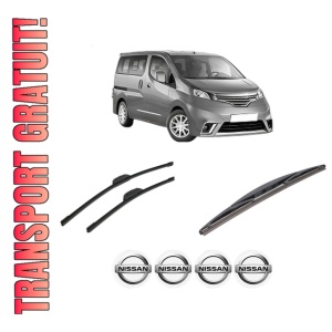 Set 3 stergatoare NISSAN NV200 / EVALIA Bus din 2010-2014, pentru parbriz si luneta fata si spate auto, Bosch Twin-Aerotwin Retrofit, din cauciuc siliconat rezistent, 4 Stickere Auto NISSAN