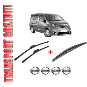 Set 3 stergatoare NISSAN NV200 / EVALIA Bus din 2010, pentru parbriz si luneta fata si spate auto, Bosch Twin, din cauciuc siliconat rezistent, 4 Stickere Auto NISSAN
