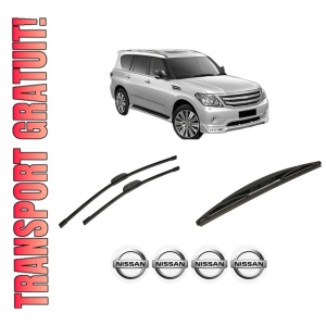 Set 3 stergatoare NISSAN PATROL VI (Y62) din 2010, pentru parbriz si luneta fata si spate auto, Bosch Twin-Aerotwin Retrofit, din cauciuc siliconat rezistent, 4 Stickere Auto NISSAN