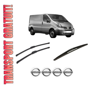 Set 3 stergatoare NISSAN PRIMASTAR Van (X83) din 2002-2008, pentru parbriz si luneta fata si spate auto, Bosch Twin-Aerotwin Retrofit, din cauciuc siliconat rezistent, 4 Stickere Auto NISSAN