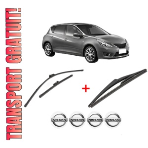 Set 3 stergatoare NISSAN PULSAR Hatchback (C13) din 2012, pentru parbriz si luneta fata si spate auto, Valeo Silencio, din cauciuc siliconat rezistent, 4 Stickere Auto NISSAN