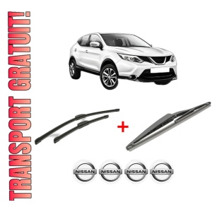 Set 3 stergatoare NISSAN QASHQAI II (J11, J11_) din 2013, pentru parbriz si luneta fata si spate auto, Bosch Twin, din cauciuc siliconat rezistent, 4 Stickere Auto NISSAN