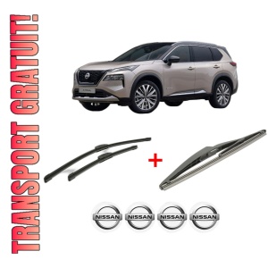 Set 3 stergatoare NISSAN X-TRAIL IV (T33) din 2022, pentru parbriz si luneta fata si spate auto, Bosch Twin, din cauciuc siliconat rezistent, 4 Stickere Auto NISSAN
