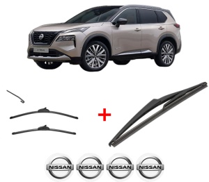 Set 3 stergatoare NISSAN X-TRAIL IV (T33) din 2022, pentru parbriz si luneta fata si spate auto, Valeo Silencio, din cauciuc siliconat rezistent, 4 Stickere Auto NISSAN v14410