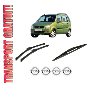 Set 3 stergatoare OPEL AGILA A (H00) din 2000-2007, pentru parbriz si luneta fata si spate auto, Bosch Twin-Aerotwin Retrofit, din cauciuc siliconat rezistent, 4 Stickere Auto OPEL