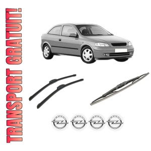 Set 3 stergatoare OPEL ASTRA G Hatchback (T98) din 1998-2009, pentru parbriz si luneta fata si spate auto, Bosch Twin-Aerotwin Retrofit, din cauciuc siliconat rezistent, 4 Stickere Auto OPEL