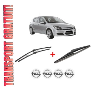 Set 3 stergatoare OPEL ASTRA H (A04) din 2004 - 2014, pentru parbriz si luneta fata si spate auto, Valeo Silencio, din cauciuc siliconat rezistent, 4 Stickere Auto OPEL