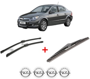 Set 3 stergatoare OPEL ASTRA H CLASSIC Saloon (A04) din 2009 - 2014, pentru parbriz si luneta fata si spate auto, Bosch Twin, din cauciuc siliconat rezistent, 4 Stickere Auto OPEL v6371