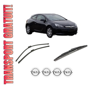 Set 3 stergatoare OPEL ASTRA J GTC din 2011-2018, pentru parbriz si luneta fata si spate auto, Bosch Twin-Aerotwin, din cauciuc siliconat rezistent, 4 Stickere Auto OPEL