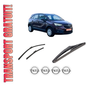 Set 3 stergatoare OPEL CROSSLAND X Van din 2018-2019, pentru parbriz si luneta fata si spate auto, Bosch Twin-Aerotwin, din cauciuc siliconat rezistent, 4 Stickere Auto OPEL