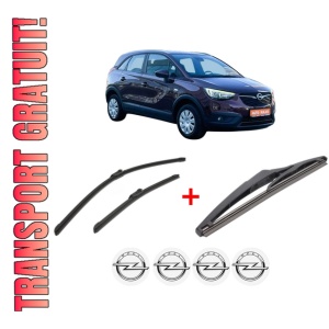 Set 3 stergatoare OPEL CROSSLAND X Van din 2018, pentru parbriz si luneta fata si spate auto, Bosch Twin, din cauciuc siliconat rezistent, 4 Stickere Auto OPEL