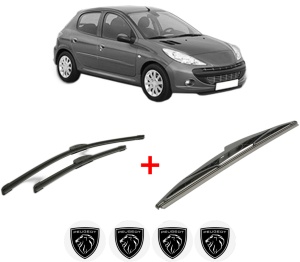 Set 3 stergatoare PEUGEOT 206+ (2L_, 2M_) din 2009 - 2013, pentru parbriz si luneta fata si spate auto, Bosch Twin, din cauciuc siliconat rezistent, 4 Stickere Auto PEUGEOT v8111