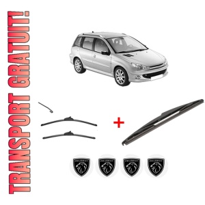 Set 3 stergatoare PEUGEOT 206 SW (2E/K) din 2002 - 2008, pentru parbriz si luneta fata si spate auto, Valeo Silencio, din cauciuc siliconat rezistent, 4 Stickere Auto PEUGEOT