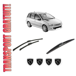 Set 3 stergatoare PEUGEOT 206 SW (2E/K) din 2002-2008, pentru parbriz si luneta fata si spate auto, Bosch Twin-Aerotwin Retrofit, din cauciuc siliconat rezistent, 4 Stickere Auto PEUGEOT