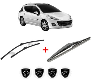 Set 3 stergatoare PEUGEOT 207 SW Estate Van (WK_) din 2007 - 2012, pentru parbriz si luneta fata si spate auto, Bosch Twin, din cauciuc siliconat rezistent, 4 Stickere Auto PEUGEOT v8591