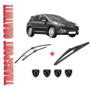 Set 3 stergatoare PEUGEOT 207 SW (WK_) din 2007 - 2013, pentru parbriz si luneta fata si spate auto, Valeo Silencio, din cauciuc siliconat rezistent, 4 Stickere Auto PEUGEOT