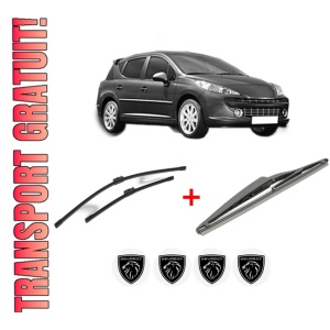 Set 3 stergatoare PEUGEOT 207 SW (WK_) din 2007 - 2013, pentru parbriz si luneta fata si spate auto, Bosch Twin, din cauciuc siliconat rezistent, 4 Stickere Auto PEUGEOT