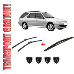 Set 3 stergatoare PEUGEOT 306 Break (7E, N3, N5) din 1997 - 2002, pentru parbriz si luneta fata si spate auto, Bosch Twin, din cauciuc siliconat rezistent, 4 Stickere Auto PEUGEOT