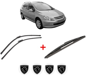 Set 3 stergatoare PEUGEOT 307 SW Estate Van (3E_, 3H_) din 2003 - 2009, pentru parbriz si luneta fata si spate auto, Valeo Silencio, din cauciuc siliconat rezistent, 4 Stickere Auto PEUGEOT v15430