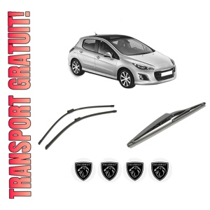 Set 3 stergatoare PEUGEOT 308 I (4A_, 4C_) din 2007-2015, pentru parbriz si luneta fata si spate auto, Bosch Twin-Aerotwin, din cauciuc siliconat rezistent, 4 Stickere Auto PEUGEOT