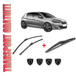 Set 3 stergatoare PEUGEOT 308 II (LB_, LP_, LW_, LH_, L3_) din 2013 - 2021, pentru parbriz si luneta fata si spate auto, Valeo Silencio, din cauciuc siliconat rezistent, 4 Stickere Auto PEUGEOT