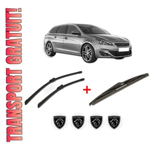 Set 3 stergatoare PEUGEOT 308 SW II (LC_, LJ_, LR_, LX_, L4_) din 2014 - 2021, pentru parbriz si luneta fata si spate auto, Bosch Twin, din cauciuc siliconat rezistent, 4 Stickere Auto PEUGEOT