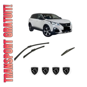 Set 3 stergatoare PEUGEOT 5008 II Van (MC_, MJ_) din 2018, pentru parbriz si luneta fata si spate auto, Bosch Twin-Aerotwin, din cauciuc siliconat rezistent, 4 Stickere Auto PEUGEOT