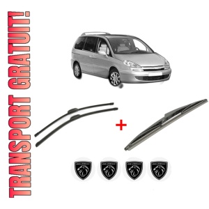 Set 3 stergatoare PEUGEOT 807 (EB_) din 2002 - 2010, pentru parbriz si luneta fata si spate auto, Bosch Twin, din cauciuc siliconat rezistent, 4 Stickere Auto PEUGEOT