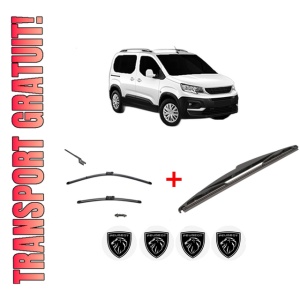 Set 3 stergatoare PEUGEOT RIFTER din 2018 - 2023, pentru parbriz si luneta fata si spate auto, Valeo Silencio, din cauciuc siliconat rezistent, 4 Stickere Auto PEUGEOT