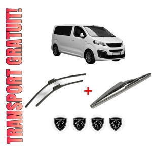 Set 3 stergatoare PEUGEOT TRAVELLER Bus (V_) din 2016 - 2023, pentru parbriz si luneta fata si spate auto, Bosch Twin, din cauciuc siliconat rezistent, 4 Stickere Auto PEUGEOT