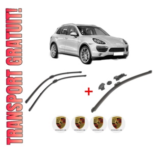 Set 3 stergatoare PORSCHE CAYENNE (92A) din 2010 - 2018, pentru parbriz si luneta fata si spate auto, Valeo HydroConnect, din cauciuc siliconat rezistent, 4 Stickere Auto PORSCHE