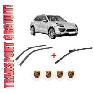 Set 3 stergatoare PORSCHE CAYENNE (92A) din 2010 - 2018, pentru parbriz si luneta fata si spate auto, Bosch Aerotwin, din cauciuc siliconat rezistent, 4 Stickere Auto PORSCHE