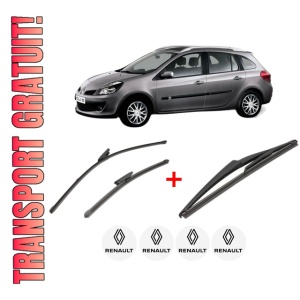 Set 3 stergatoare RENAULT CLIO III Grandtour (KR0/1_) din 2007 - 2014, pentru parbriz si luneta fata si spate auto, Valeo Silencio, din cauciuc siliconat rezistent, 4 Stickere Auto RENAULT
